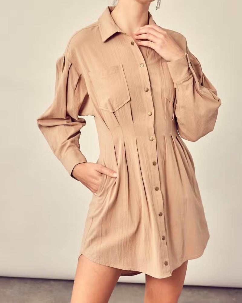 Front of a model wearing a size Large Coming Together Dress In Dark Taupe in Dark Taupe by Mustard Seed. | dia_product_style_image_id:346939